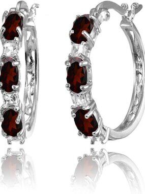 Sterling Silver Birthstone Hoop Earrings, Oval & Princess Gemstone Jewelry for